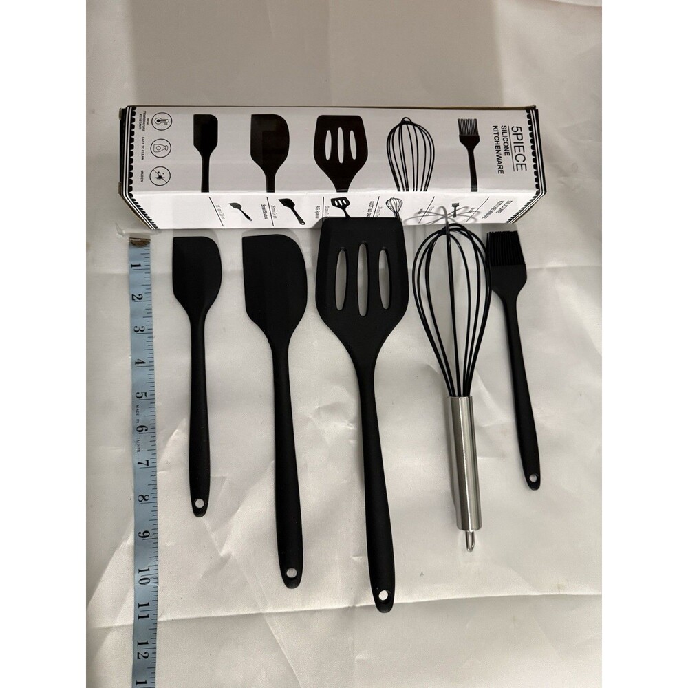 EASY BAKING 5 Piece Silicone Baking Utensil Set Heat Resistant Black whisk scrap